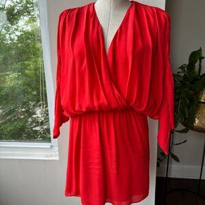 Parker Red Orange Dolman Ruched Long Sleeve Mini Silk Dress V Neck Size Medium